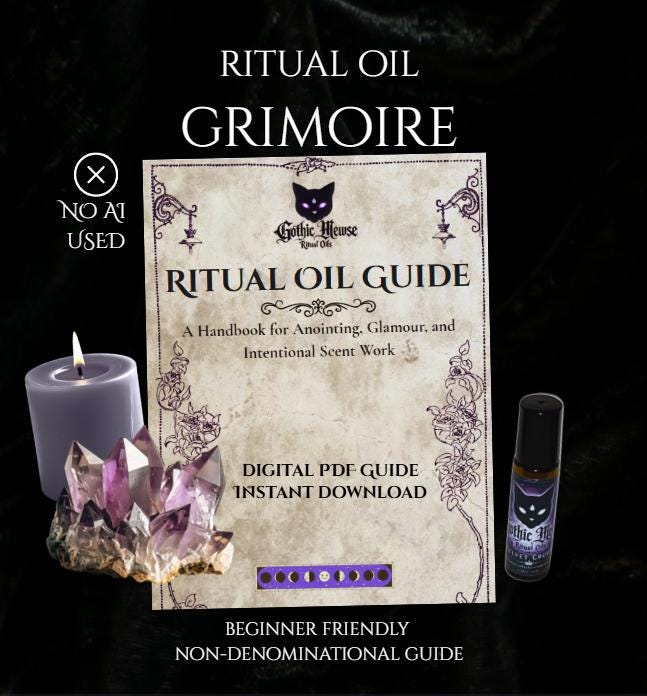 The Ritual Oil Grimoire beside a lavender candle, amethyst, and a roller bottle